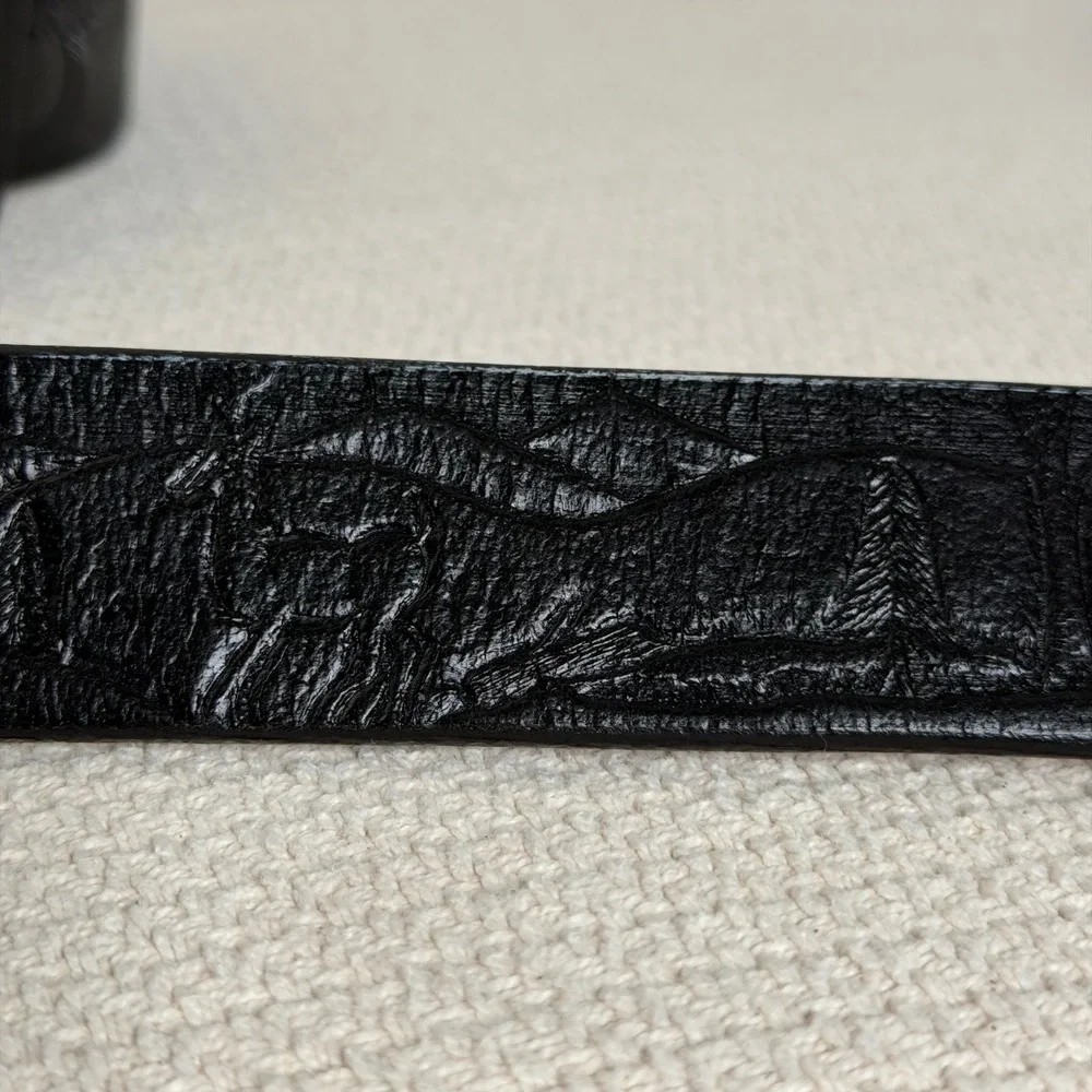 Vintage C.L.‎ Leather Belt Embossed Cabin Deer Mountain Black Tooled Men's 48